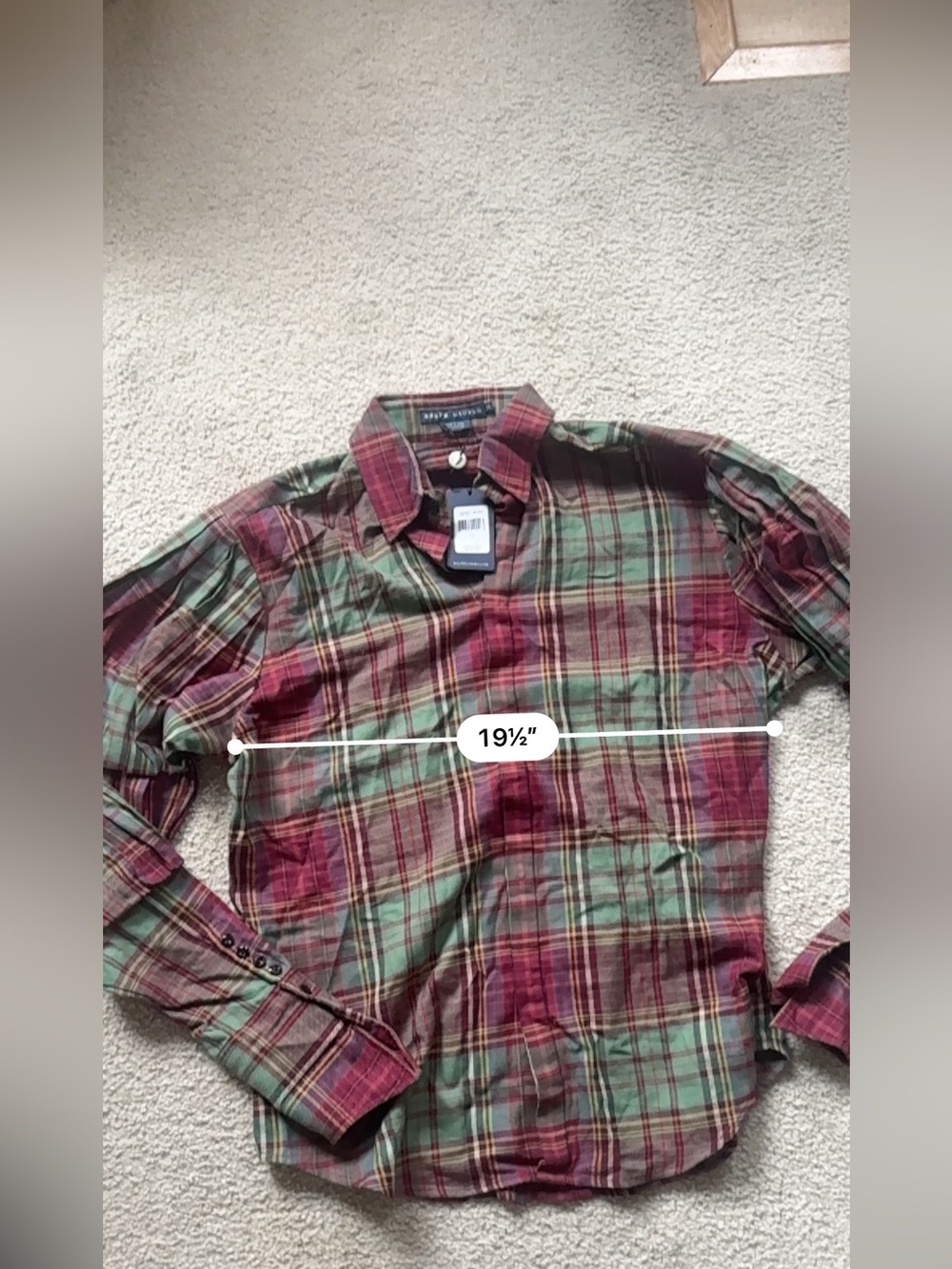 New RALPH LAUREN Size 14 Red & Green Plaid Cotton Blouse Puff Sleeves - Picture 6 of 8